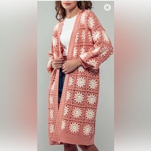 Pink Flower Crochet Cardigan Sweater